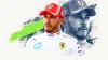 Editorial portrait collage of Lewis Hamilton in Ferrari team clothing