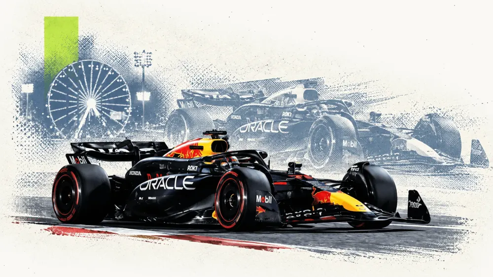 Editorial collage of a Red Bull Formula One car racing under the Gulf floodlights.