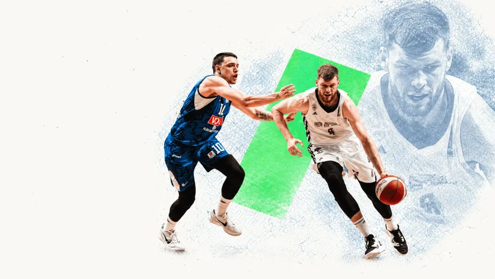 A Dubai basketball player in white dribbles past a blue-shirted defender, with green and blue-grey collage elements behind them.
