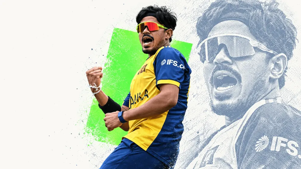 A Sri Lanka cricketer in red sunglasses celebrates with a clenched fist in a cream editorial collage.