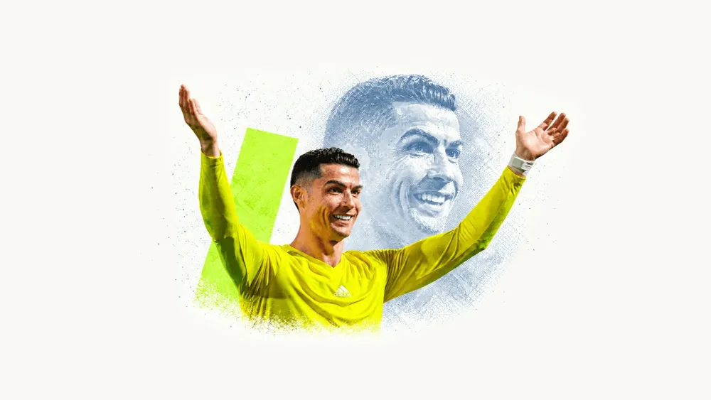 Cristiano Ronaldo smiles with both arms raised in a yellow training top, with a blue-grey echo and green accent on cream.