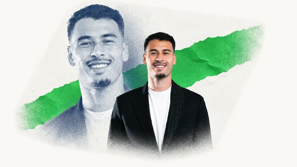 Editorial collage of Gabriel Martinelli based on his Al Hilal signing portrait