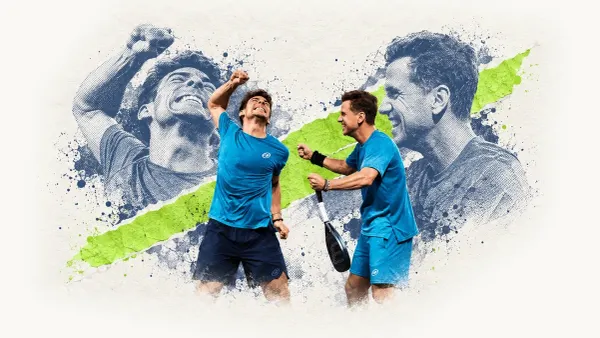 Editorial collage of two padel players celebrating