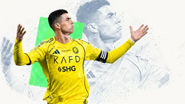 Cristiano Ronaldo holds both arms out in an Al Nassr yellow shirt in a cream, blue-grey and green editorial collage.