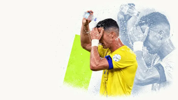 Cristiano Ronaldo pours water over his head while wearing Al Nassr yellow, in a cream collage with a blue-grey echo.