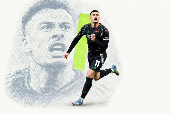 Editorial illustration of Gabriel Martinelli in Arsenal’s black away kit