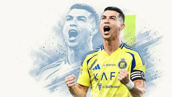 Cristiano Ronaldo celebrates with clenched fists in an Al Nassr shirt and captain’s armband, framed by blue-grey and green collage elements.