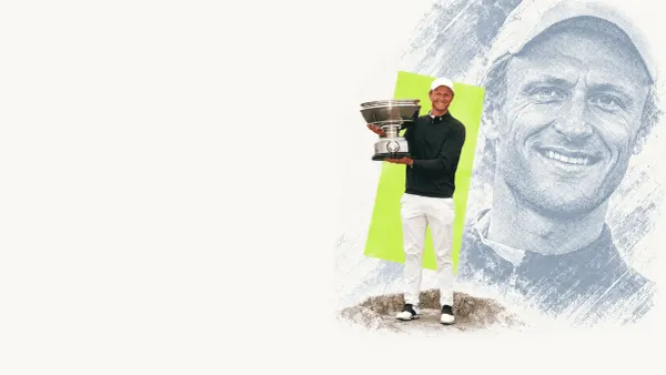 Editorial illustration of Adrian Meronk holding the Alfred Dunhill Links Championship trophy beside a halftone portrait.