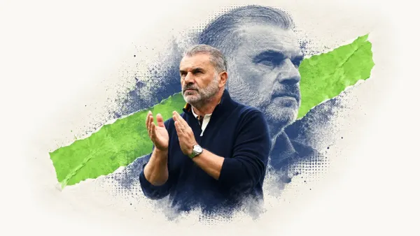 Editorial portrait collage of Ange Postecoglou