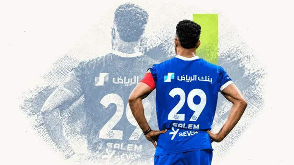 An Al Hilal player with SALEM and number 29 on his blue shirt stands with hands on hips, in a cream and blue-grey collage.