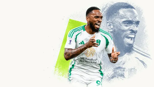 An Al Ahli footballer in a white and green kit shouts and gestures in a cream collage with a blue-grey portrait echo.