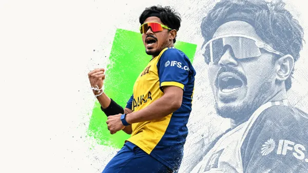 A Sri Lanka cricketer in red sunglasses celebrates with a clenched fist in a cream editorial collage.