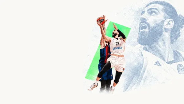 Editorial collage of Tornike Shengelia attacking the basket during the Dubai victory over Barcelona on 29 September 2026