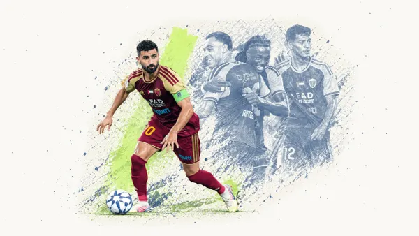 Editorial collage of an Al Wahda player in maroon and gold controlling the ball, with faded halftone teammates celebrating behind him on cream paper.