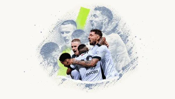 Editorial collage of Al Jazira players celebrating in white and black kits, with a faded blue gray halftone group and lime brushstroke on cream paper.