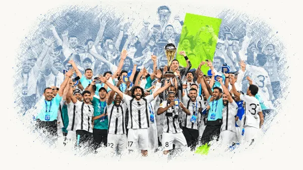 Al Jazira players and staff celebrate with a gold trophy, framed by blue-grey halftone figures and a green accent on cream.