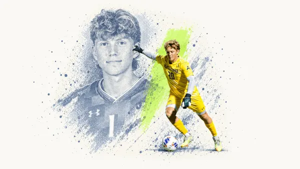 Editorial collage of goalkeeper Micah Gun in an archival yellow North Florida kit, with a faded blue gray portrait on cream paper.