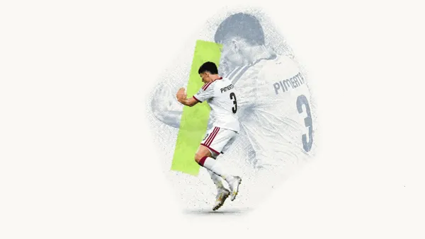 Editorial illustration of Pimenta in the UAE white and burgundy kit, with a halftone echo and lime green accent.
