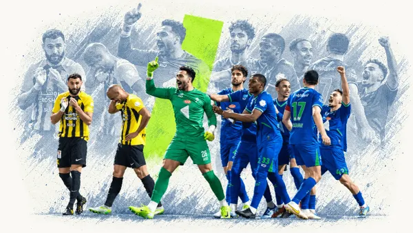 Footballers in blue and yellow-and-black kits react beside a green-clad goalkeeper, in a cream collage with a blue-grey echo.