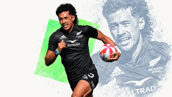 A New Zealand rugby sevens player runs with a pink and white ball in a cream, blue-grey and green editorial collage.
