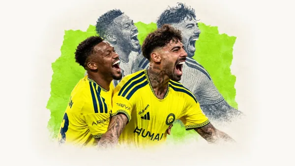Editorial collage of Al Nassr players in yellow home shirts