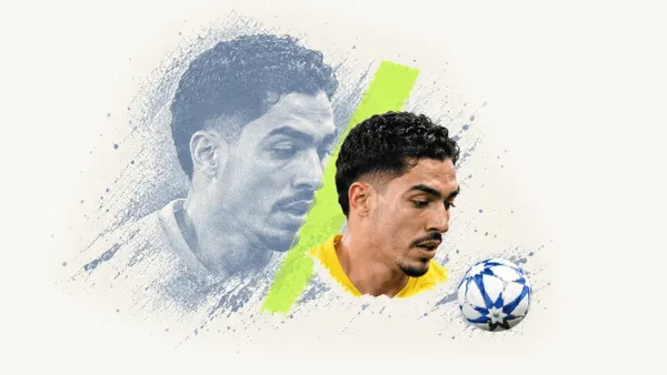 Editorial collage showing an Al Wasl player’s head and yellow collar beside a football, with a faded blue gray portrait and lime brushstroke on cream paper.
