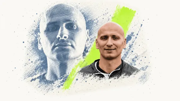 Editorial collage of Jonjo Shelvey in a head and shoulders portrait, with a larger faded halftone portrait and lime brushstroke on cream paper.