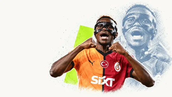 Victor Osimhen celebrates in a black face mask and red-and-orange Galatasaray shirt, with blue-grey and green collage accents.