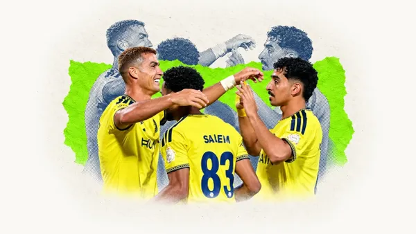 Editorial collage of Al Nassr players in yellow home shirts