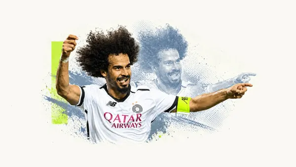 Akram Afif smiles and gestures in an Al Sadd shirt and captain’s armband, with a blue-grey echo and green accent on cream.