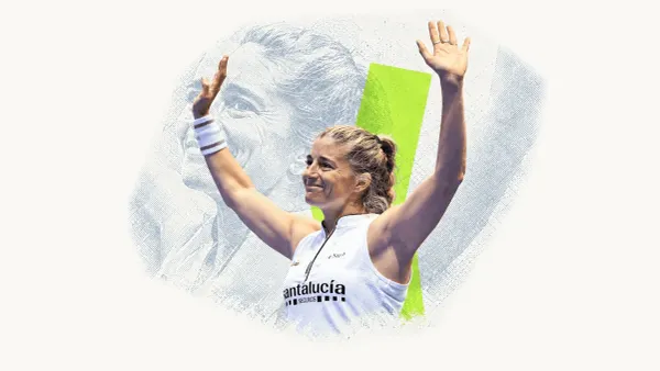 Alejandra Salazar raising her arms in an editorial collage