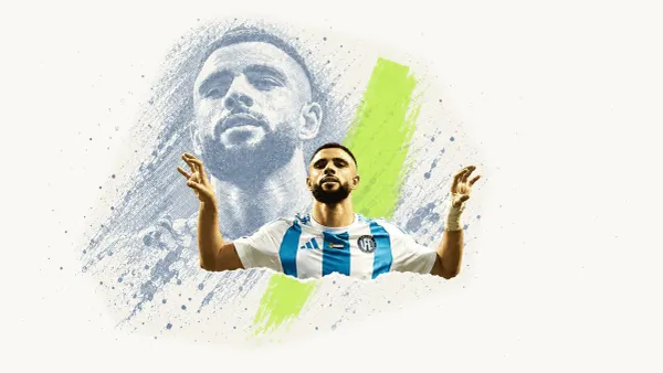 Editorial collage of a Dubai United player raising both hands in a white and teal striped kit, with a faded blue gray portrait and lime brushstroke on cream paper.