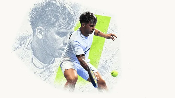 Javi Leal playing padel in an editorial collage
