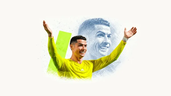 Cristiano Ronaldo smiles with both arms raised in a yellow training top, with a blue-grey echo and green accent on cream.
