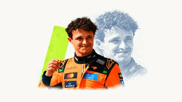Editorial collage of Lando Norris in McLaren teamwear.