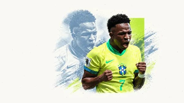 Vinicius Junior celebrates with clenched fists in Brazil’s yellow number 7 shirt, with a blue-grey portrait echo on cream.