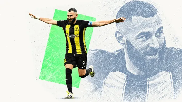 Karim Benzema runs with both arms outstretched in Al Ittihad black and yellow, with a blue-grey portrait echo and green accent.