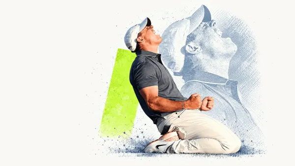 A golfer kneels with clenched fists and looks upward, against cream paper with a blue-grey echo and green accent.