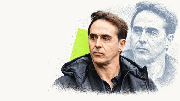Julen Lopetegui in a dark coat appears in a cream editorial collage with a blue-grey portrait echo and green geometric accent.
