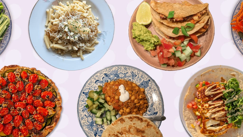 A variety of plates with dishes available on Spoonfeed recipes.