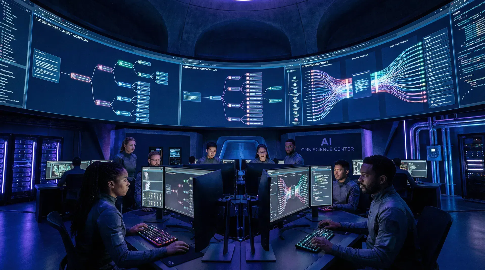AI agent with glowing brain gears automating complex enterprise operations.