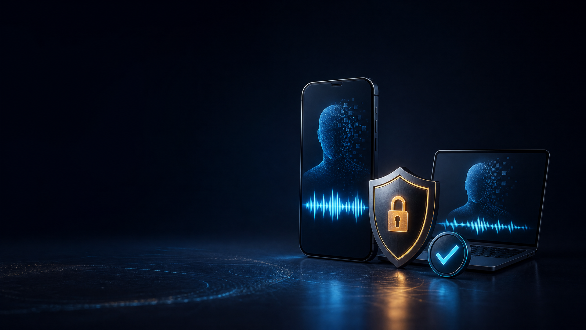 An abstract blue digital figure appears on a smartphone and laptop beside a shield, lock, audio waveforms, and a verification checkmark.