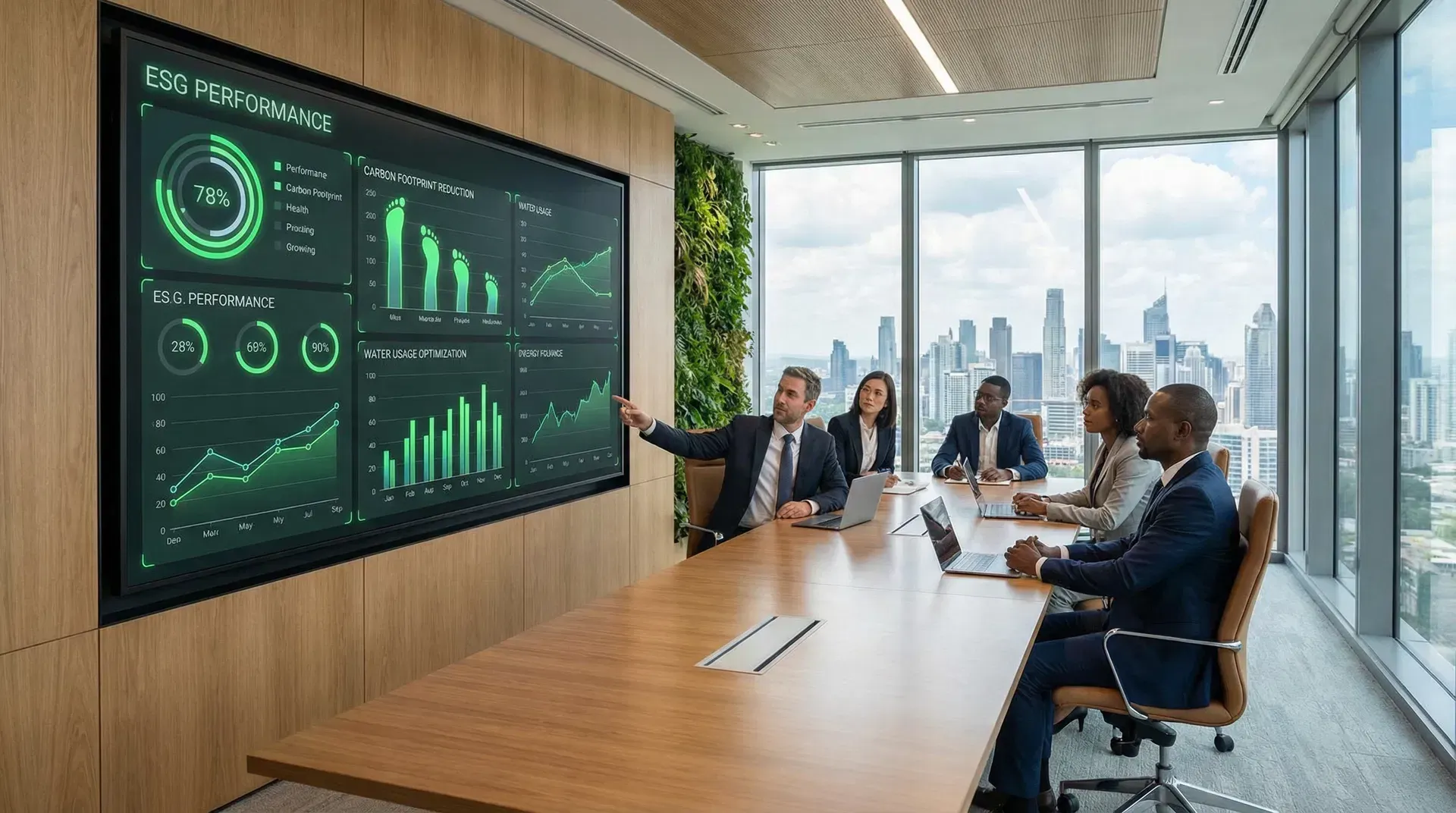 A person reviewing a detailed sustainability report on a tablet, surrounded by data.