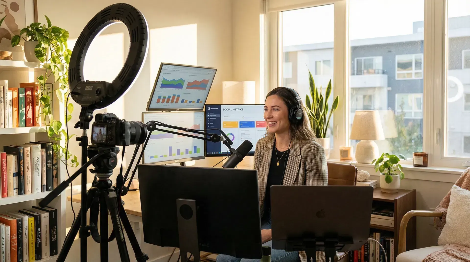 A diverse group of content creators collaborating on a video shoot with professional equipment.
