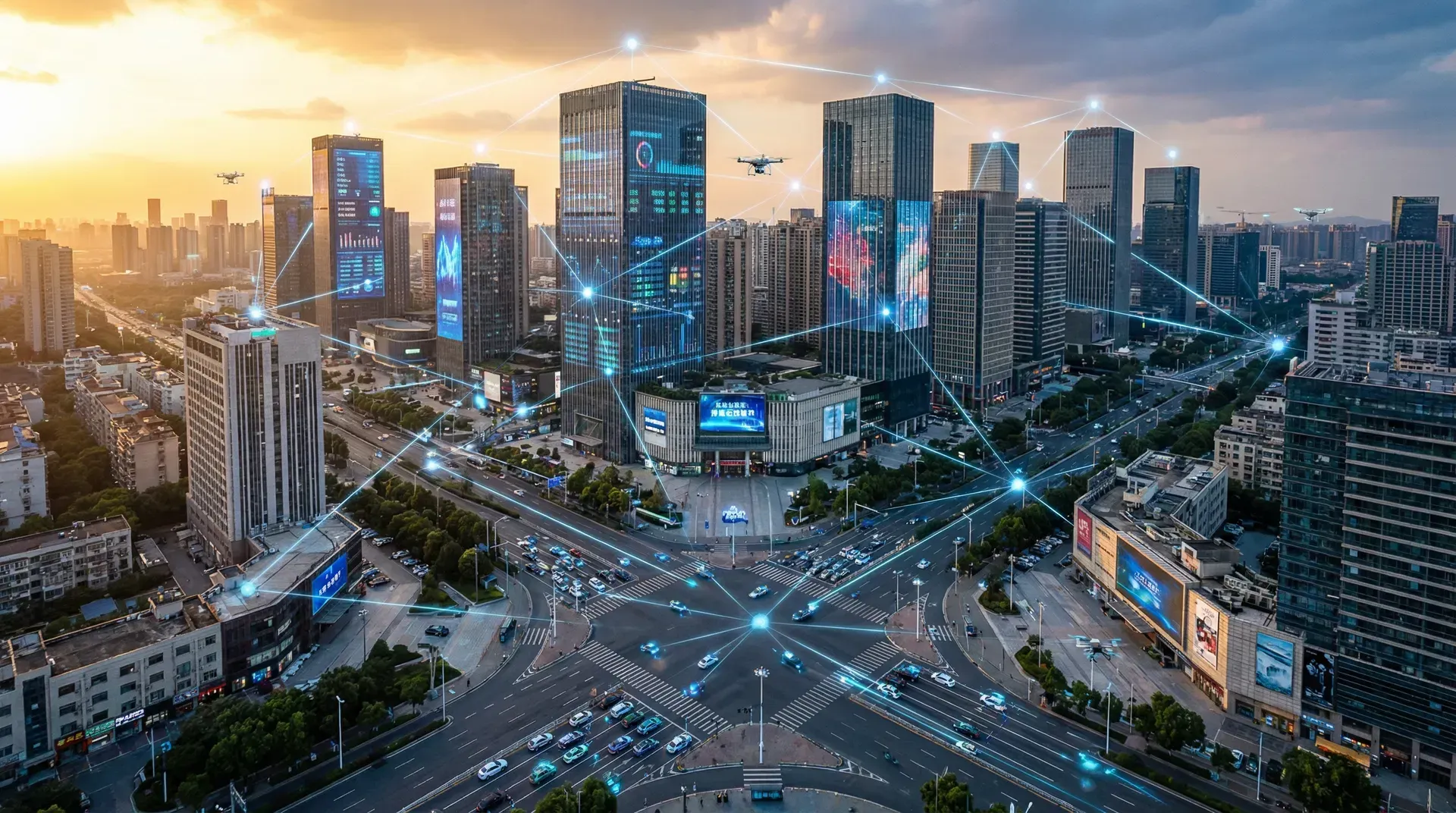 City skyline at dusk with glowing data connections, symbolizing advanced 5G networks.