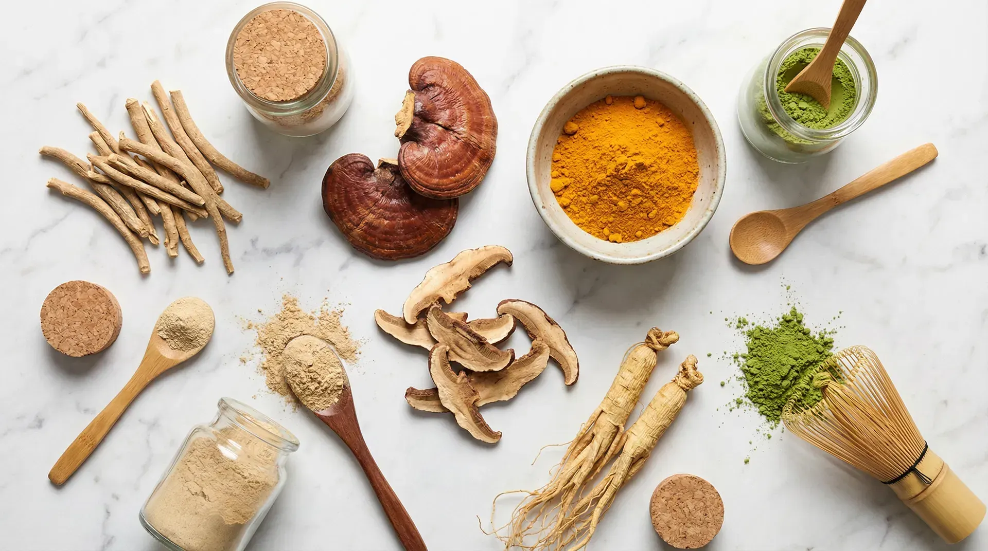 Various adaptogenic herbs and supplements, including ashwagandha and lion's mane.