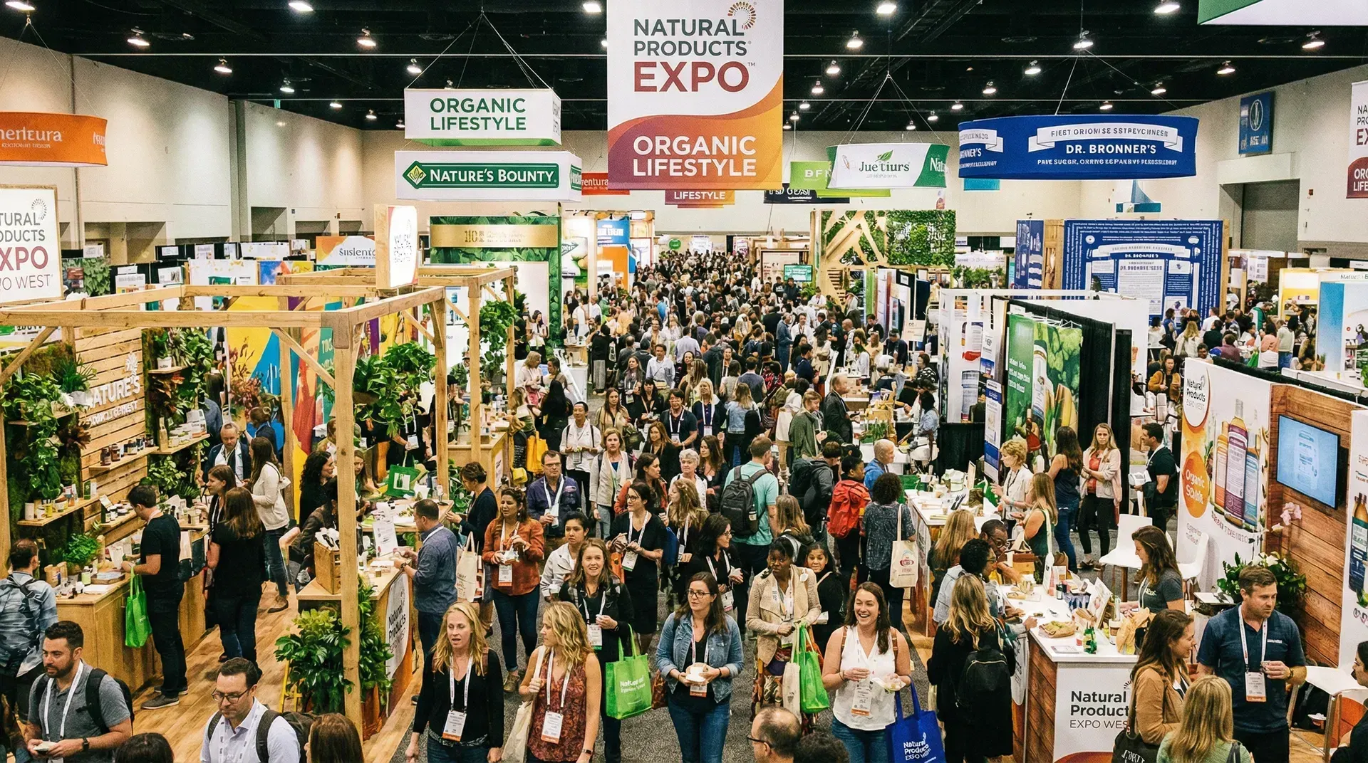 Expo West attendees exploring booths showcasing adaptogens, functional beverages, and beauty products.
