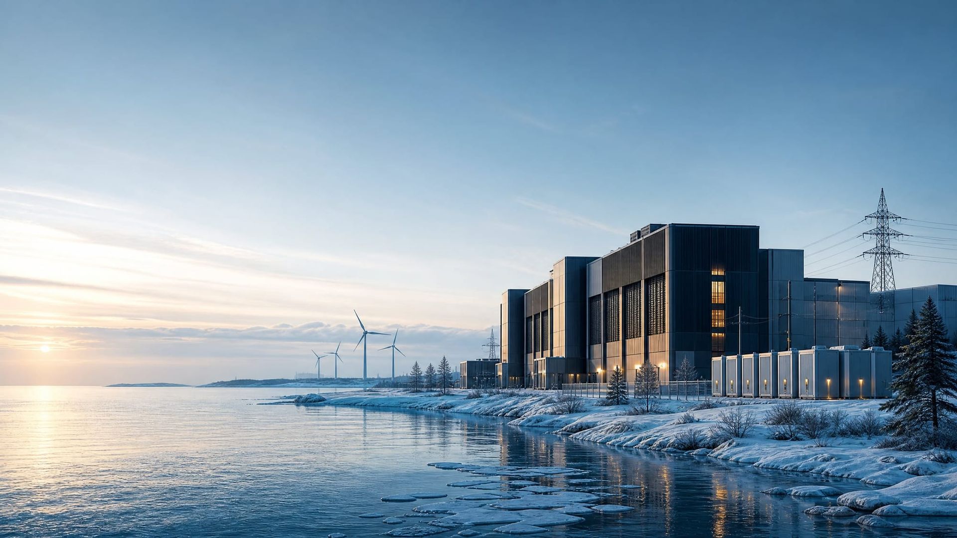 Illustration of a snowy Nordic data-center campus beside water, with battery units, power lines and wind turbines.