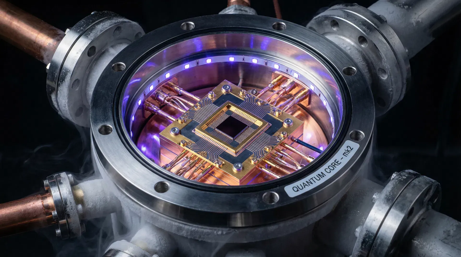 Quantum processor chip with intricate circuitry and glowing blue light.
