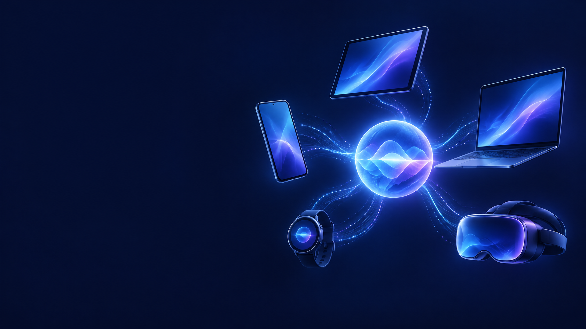 Abstract blue and violet AI assistant orb connected to generic smartphone, tablet, laptop, watch, and headset devices on a dark background.
